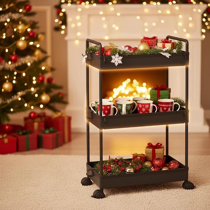 Ronlap 3 Tier Slim Rolling Storage Cart with Wheels Utility Organizer,Black | For bathroom, laundry, kitchen, bedside & dorm. Fits art, craft, snack, makeup, nail, diaper & postpartum baby supplies