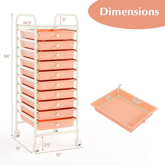 COSTWAY 10-Drawer Rolling Storage Cart, Utility Mobile Trolley | Removable Drawers & Universal Casters & 2 Brakes, Versatile Flexible Drawer Organizer Cart for Home, Office (Peach)