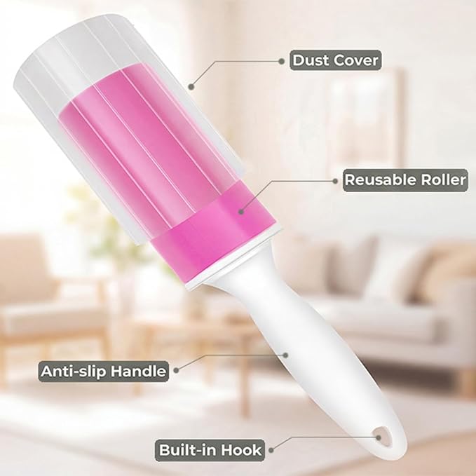 Washable Gel Lint Roller 2 Pack, Large Reusable Pet Hair Remover, Pink | Sticky Gel Surface, With Protective Covers, For Clothes & Home Use, Easy Cleaning
