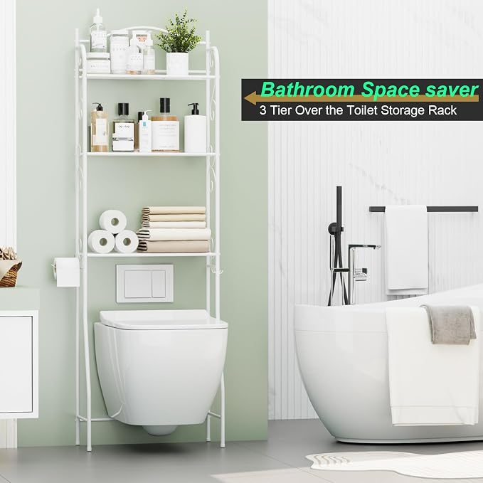 HOME BI Over The Toilet Storage Shelf, 3-Tier Over Toilet Bathroom Organizer Rack, Freestanding Space Saver Toilet Stands with Hooks (White)