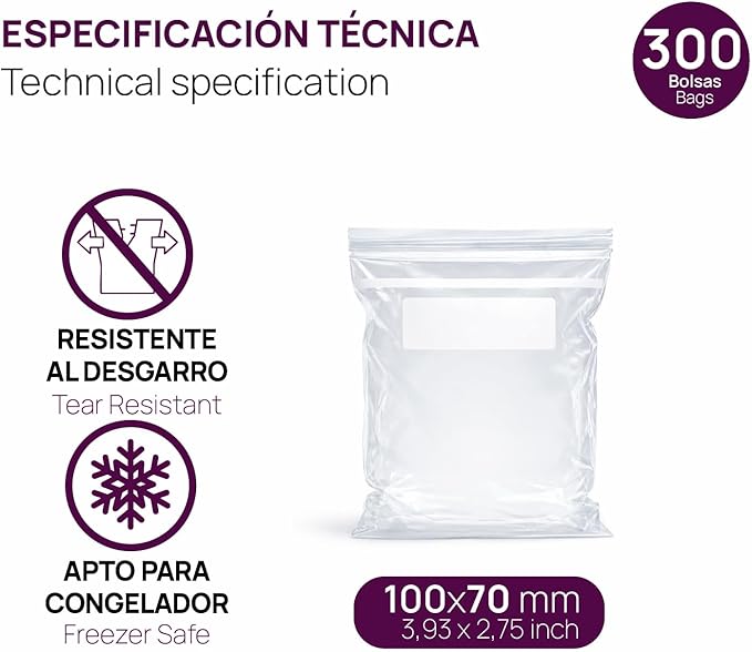 Ofituria Transparent Zip Bags 100 x 70 mm with Airtight Seal, Zip Bags for Food, Snacks, Freezing as well as Kitchen and Travel Organisation - Ofituria (300 Bags)