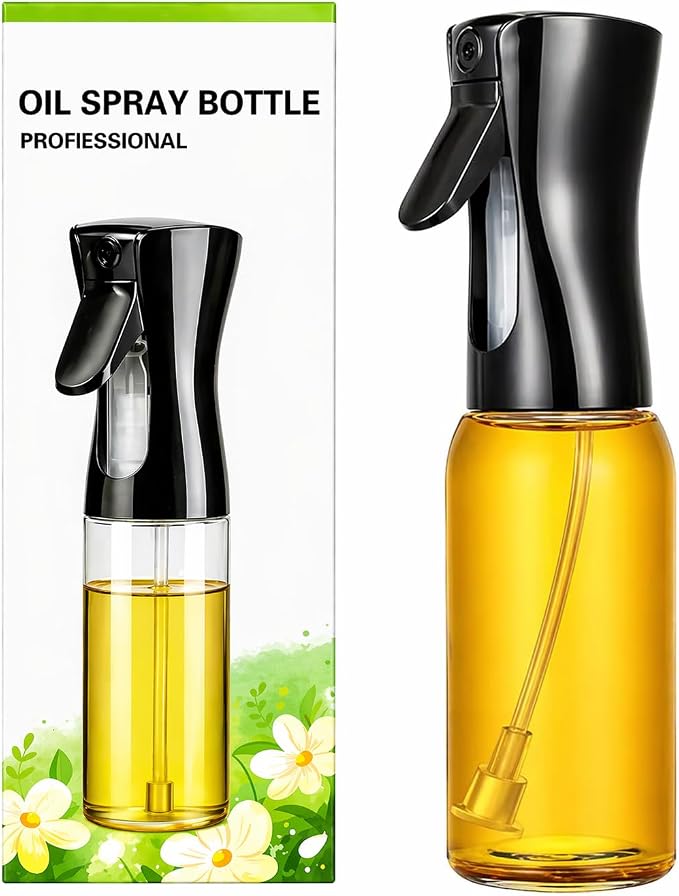 Oil Sprayer for Cooking 230ml Glass Olive Oil Spray Bottle, Refillable Oil Sprayer for Air Fryer, Salad, Baking & BBQ, Kitchen Gadget (Black Lid)