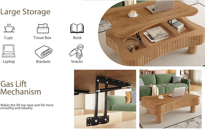 Lift Top Coffee Table with Hidden Storage Fluted Panel Silent Hydraulic Lift Curved Corners (Light Brown)