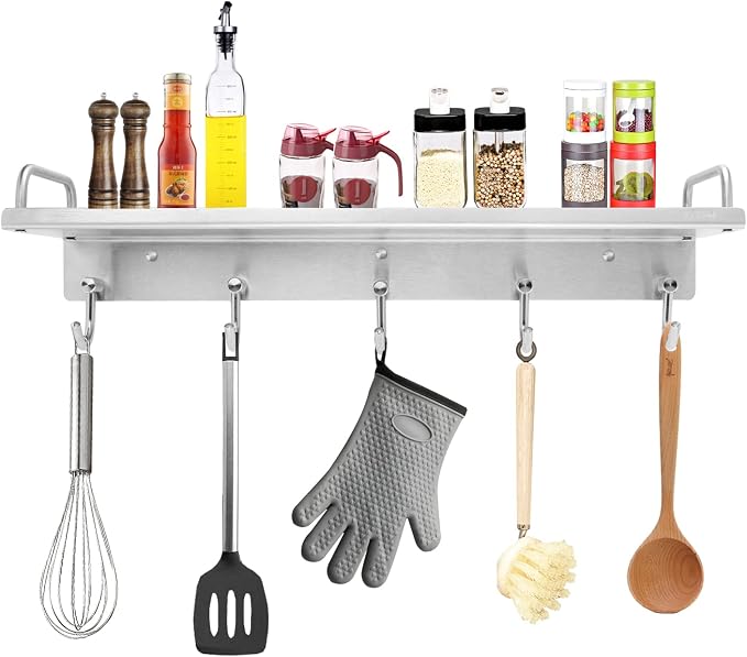 Audmore Kitchen Utensil Rack, 15.7 In Spice Rack with 5 Hooks Wall Mounted | Stainless Steel Over the Stove Shelf, Hanging Storage Wall Shelf for Spatula Spoon, Seasoning Jar Organizer, Rust Resistant