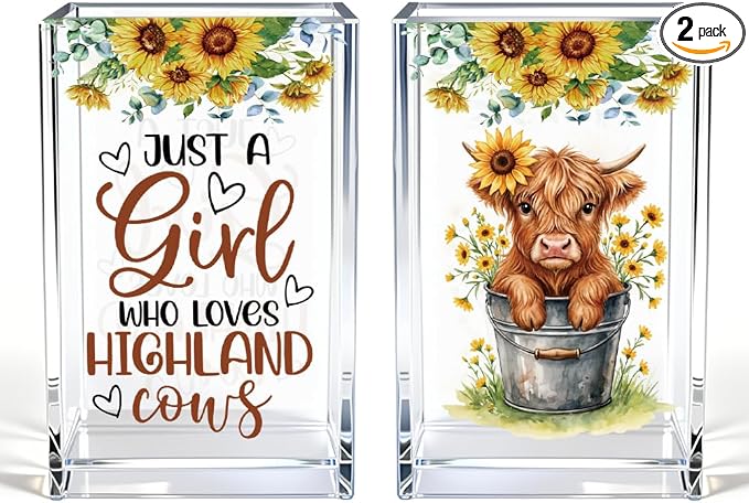 Just A Girl Who Loves Highland Cows Acrylic Cosmetic Pen Holder Cup Set 2, Cute Animal Pencil Holder Desk Organizer, Funny Desk Accessories, Highland Cow Lover Gifts for Women Coworkers Besties