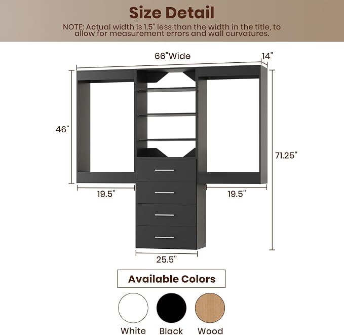 ROOMTEC Modular Closet System, 66" Wall-Mounted Closet Organizer with Drawers and Hanging Rods, Wooden Tower for Walk-In Closets, Wardrobe Storage Kit, Black