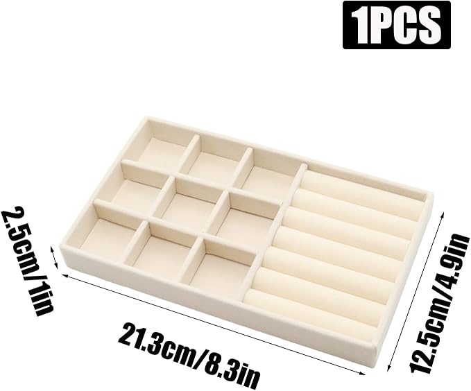 Velvet Jewelry Organizer Trays Beige Stackable Jewelry Storage Display Tray with Removable Dividers, 9 Grids and Rolls