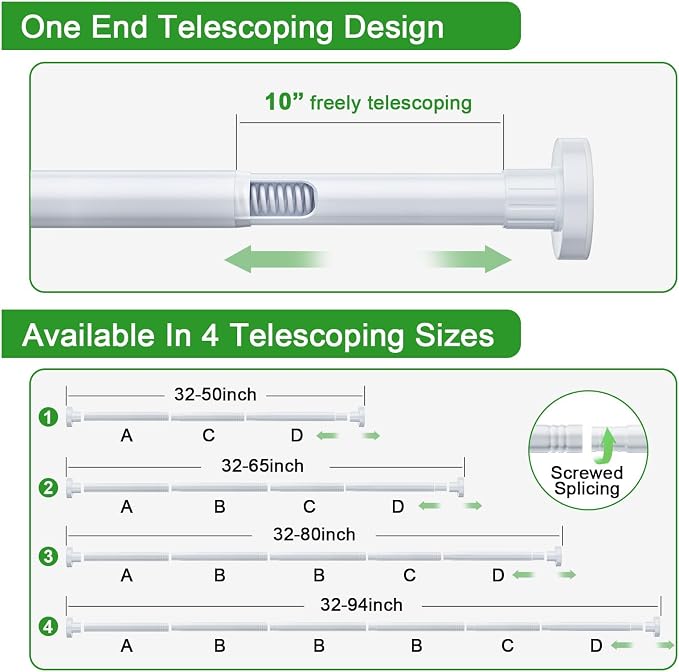 Ausemku Shower Curtain Rod 32-104 Inch Adjustable - Heavy Duty No drill Spring Tension Shower Rod, Non-Slip Rustproof Telescopic Rod for Bathroom, White