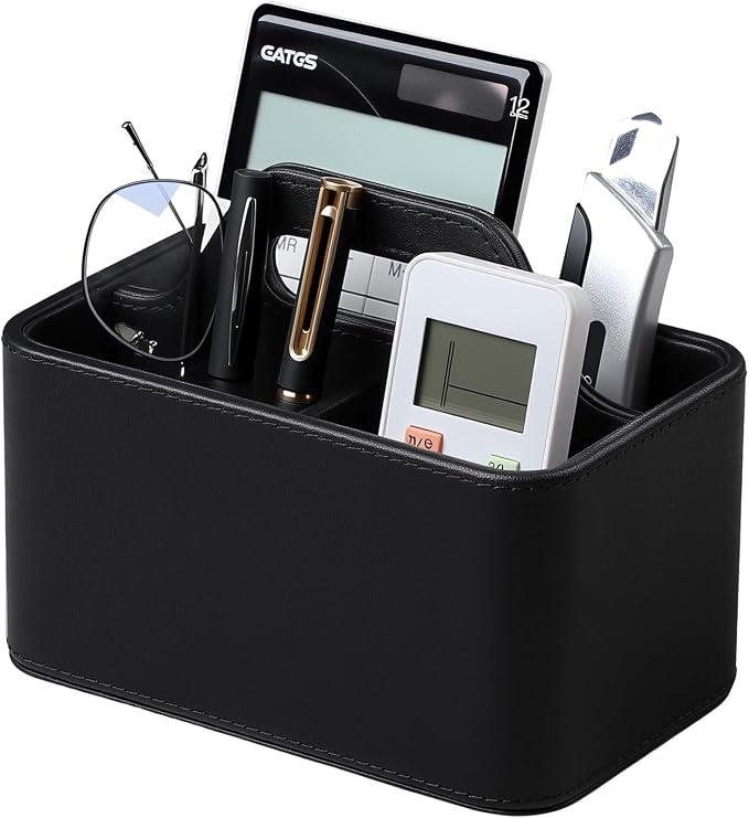 PU Leather Remote Control Holder, Desk Caddy Organizer with Handle Beige | 3 Compartments Portable Remote Organizer, Remote Caddy Bedside Holder for Office Storage Supply Organizer