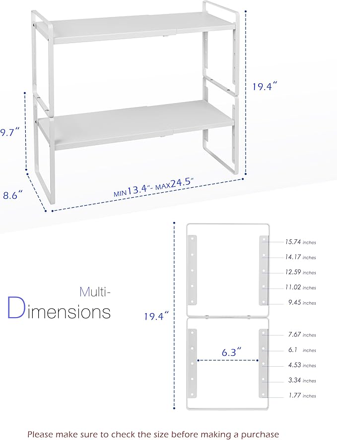 Nxconsu Expandable Cabinet Shelf Organizer Riser, 8.6" 2 Pack White | Heavy-Duty Steel Expandable Shelf Holds 50 lb, 5-Level Stackable Riser for Kitchen Cabinet Cupboard Pantry Counter Under Sink