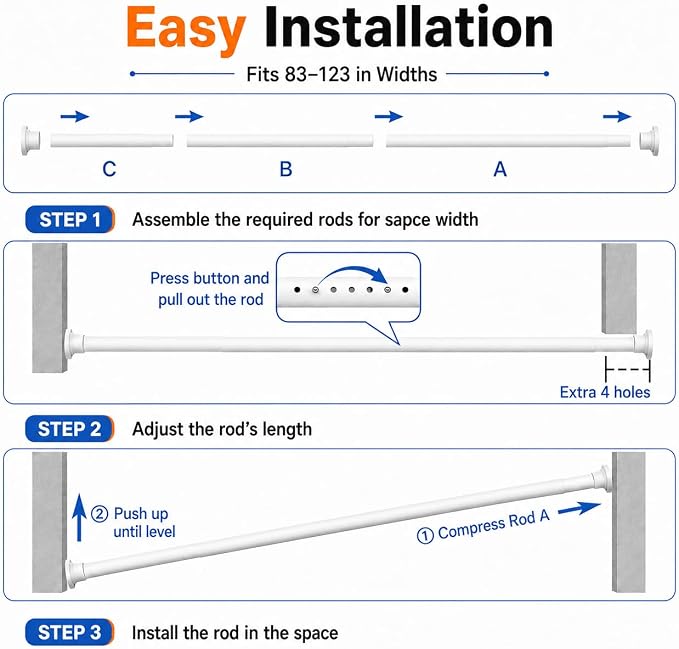 ALLZONE Tension Curtain Rod for Window, 83-123 Inches, Heavy Duty Curtain Rods No Drilling, Non-Slip Bathroom Shower Tension Rod, Renter Friendly, Adjustable, Spring Loaded, Extra Long, White