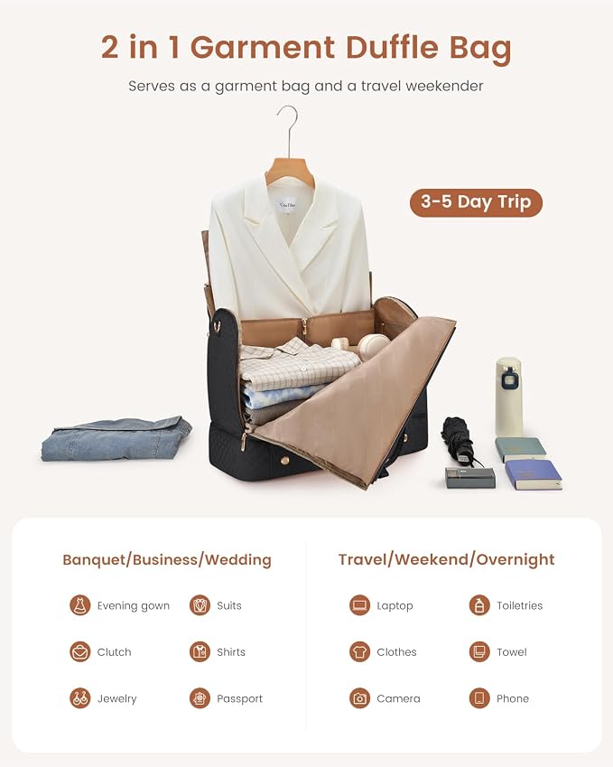 LOVEVOOK Convertible Garment Bag for Travel with Shoe Compartment, Carry On Garment Duffel Bag with Toiletry Bag, 2 in 1 Hanging Suitcase Suit Bag, Weekender Bag for Women Travel, Wedding, Black