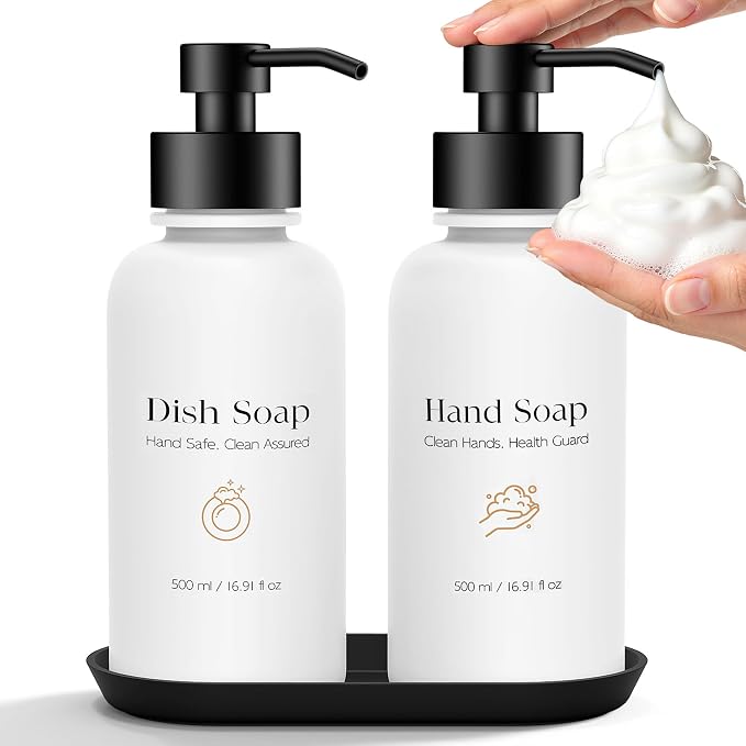 16.9 Oz Glass Foaming Soap Dispenser 2 Pack(White) | Refillable Hand & Dish Soap Pump, With Silicone Tray & 8 Waterproof Labels, For Bathroom & Kitchen，Perfect Housewarming Gift