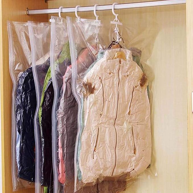 Hanging Vacuum Storage Bags, 2Pcs Space Saver Garment Bags for Clothes, Dresses, Coats, Reusable Vacuum Seal Storage Bags with Hangers, for Dresses, Coats, Down Jackets(L 2Pcs)