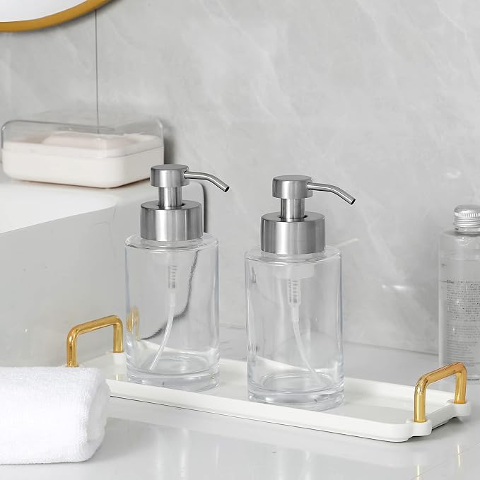 Glass Foaming Soap Dispenser Set with 304 Stainless Steel Pump 12oz Clear | Rust Proof Silver Pump, Sturdy, Empty Foam Bottle with Waterproof Labels for Bathroom Decor Kitchen Colleage Dorm