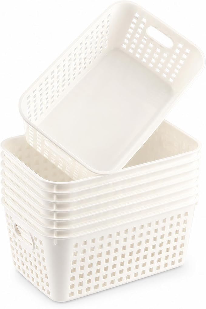 6 Pack Plastic Classroom Storage Baskets, Organizer Bins with Handle | White Color 11" × 7.1" × 4.6" Medium Papers Book Storage Organizer for School Classroom Library Office Home Desktop Bookshelf
