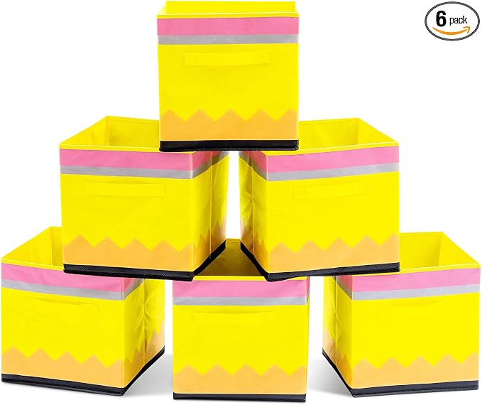 RattanView 6 Pcs 11in Pencil Fabric Storage Bins Classroom Must Have Cubby Basket Bins Return School Treasure Prize Box End of Year Organization for Daycare Elementary Preschool