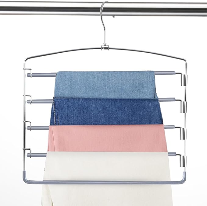 Pants Hangers 6 Pack 5 Layers Multi Functional Pants Rack Swing Arm Space Saver Hanger for Trousers Jeans Towels Scarf （Grey）