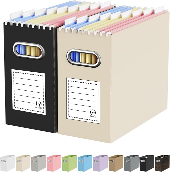 Oterri Cardboard File Organizer Box for Hanging File Folders Letter Size,File Box for Computer Desk,File Cabinet,Working Home,Office,Classroom (Black+Beige, Letter Size - 2 Packs)
