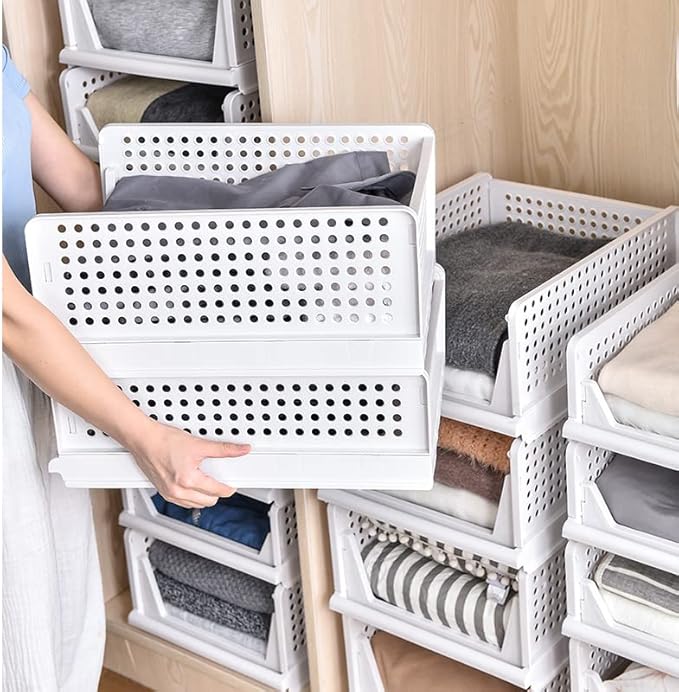 Folding Wardrobe Storage Box 4-Pack Plastic Drawer Organizer Stackable Shelf Baskets Cloth Closet Containers Bin Cubes,Home Office Bedroom Laundry Fold Pull Out Dividers for Clothes,Toys White
