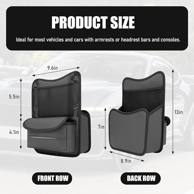 Car Organizer Storage Between Seats, Nappa Leather Front Seat Storage Bag with Tissue Holder, Automotive Console Hanging Net Pocket Handbag Holder for Phone Document (Gray)