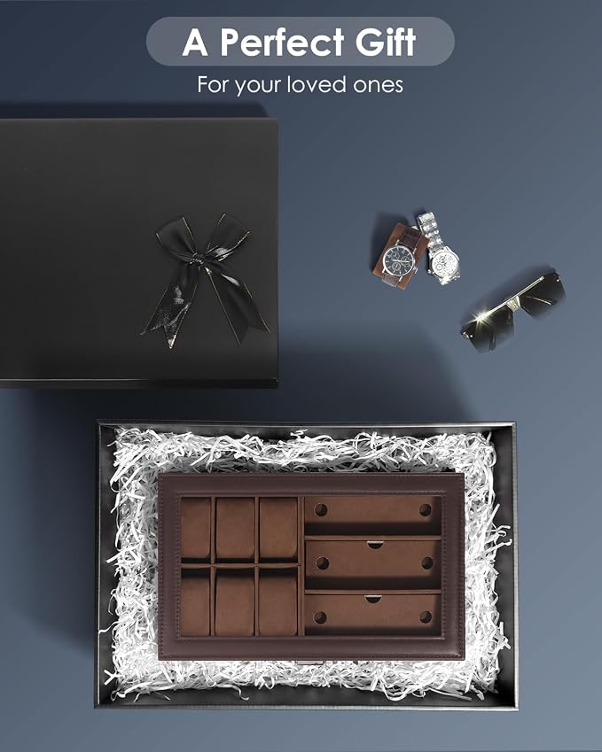 Kukikan Watch Jewelry Box Organizer, 6-Slot 2-Layer Watch Case and Sunglasses Storage with Large Glass Lid, Men's Jewelry Box with Lock, Watch Holder Display Case, Fathers Day Gift for Dad