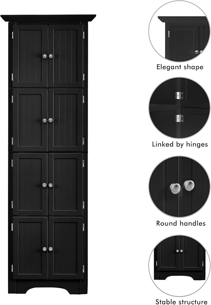 Tall Corner Storage Cabinet with Doors and 4 Shelves, Freestanding Triangle Cabinet for Living Room, Kitchen, Office, Small Space, Floor Corner Storage Rack (Black)