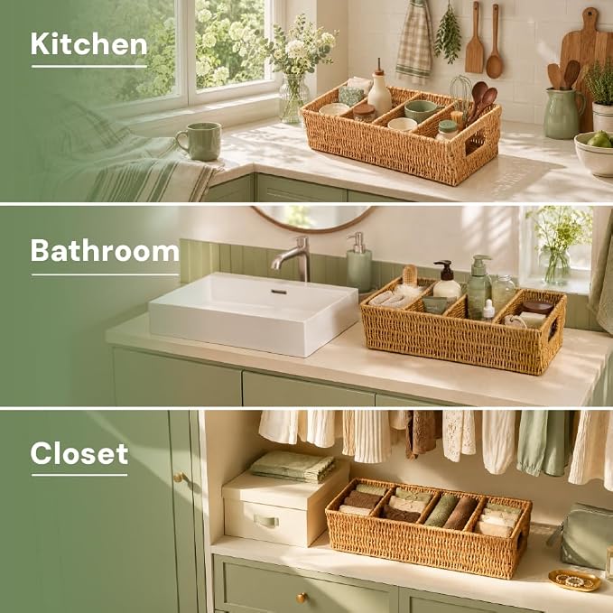 Nature-Inspired Rattan Pantry Organizer Baskets Set of 2 with 3 Removable Dividers – Handwoven Storage Bins for Kitchen or Bathroom Organization, Ideal for Snacks, Coffee & Tea (13” x 7.3” x 3.7”)