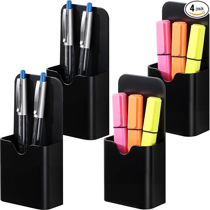 BEYGORM 4 Pack Magnetic Pen Holder for Whiteboard, Upgraded with a 1.5mm Thick Backing to Hold Dry Erase Markers. Ideal for Classroom, Office, Refrigerator, and Locker (Black)