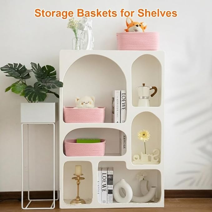 Small Storage Baskets for Organizing, Woven Storage Bins for Shelves, Gift Basket Empty, Cute Decorative Closet Organizer, Baby Rope Basket, Dog Toy Storage, 13.2x8.2x5.2”, 3Packs Pink