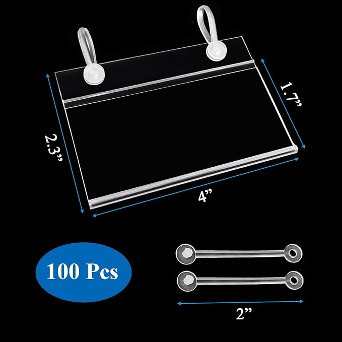 Elsjoy 100 Pack Plastic Wire Shelf Label Holders, 4" x 2.3" Clear Price Tag Holder Sign & Ticket Holder with Double Snap Lock Closure, Reusable Basket Label Holders for Market, Retail Shop, Pantry