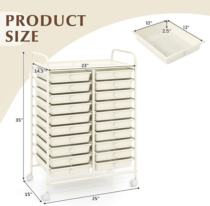 LDAILY 20-Drawer Rolling Storage Cart, Rolling Storage Cart, Storage Organizer on Wheels, Metal Frame, Scrapbook Paper Tools, Suitable for Office School, Classroom (White, 20 Drawer)