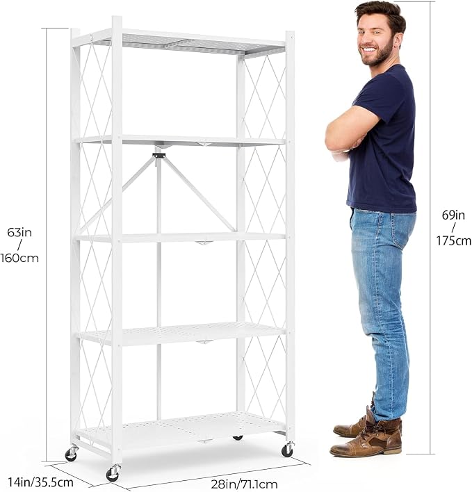 5-Tier Folding Metal Storage Rack - 63" Heavy-Duty Steel Frame with Wheels, No Assembly Utility Organizer, Rolling Shelving Unit for Kitchen, Garage, Pantry, Bedroom (White, 5 Tier)