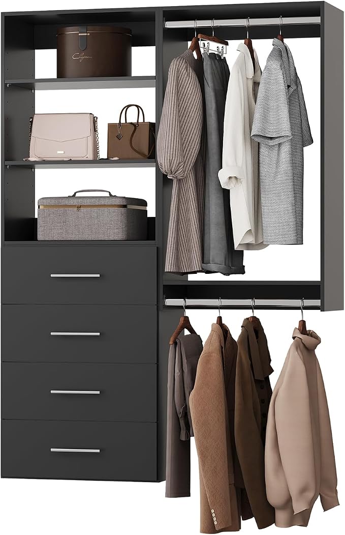 ROOMTEC Modular Closet System, 49" Wall-Mounted Closet Organizer with Drawers and Hanging Rods, Wooden Tower for Walk-In Closets, Wardrobe Storage Kit, Black