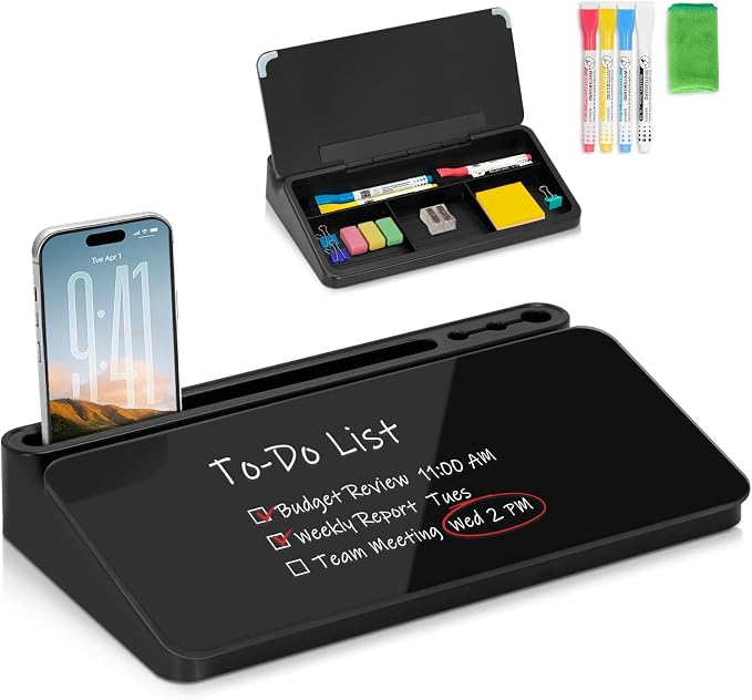 Small Desktop Glass Whiteboard with Storage, Desk White Board Stand Black | Computer Keyboard Stand, Office Desk Organizers and Accessories with Drawer, To Do Memo Notepad, Home School Supplies