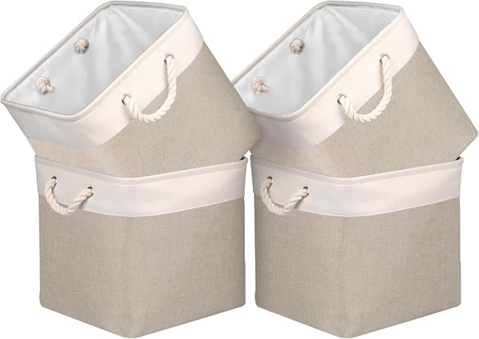 Univivi Fabric Storage Cubes with Rope Handles, White Beige, 4 Pack | 12x12 Inch Hard Bottom Cube Storage Bins, Foldable Cube Storage Organizer for Home Closet Shelf