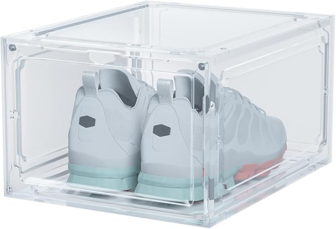 HIYOHIYO 1-Pack Clear Plastic Stackable Shoe Box Organizer, Fit US Size 14 | Sneaker Containers Magnetic Shoes Storage Box Foldable Drop Front Organizer Cases for Home Display Bins