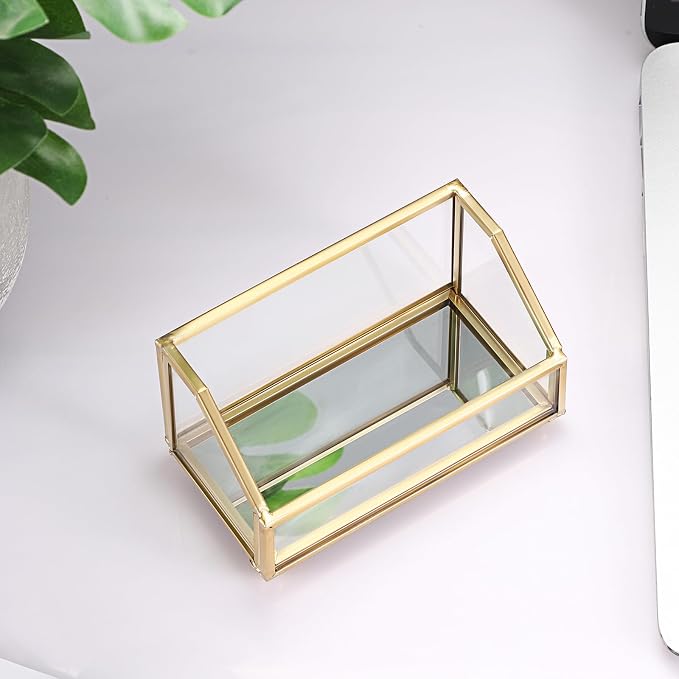 Hipiwe Glass Business Card Holder Stand, Gold Metal Frame Name Card Display Organizer, Office Desktop Countertop Business Cards Storage Holder, Fits 80-100 Business Cards