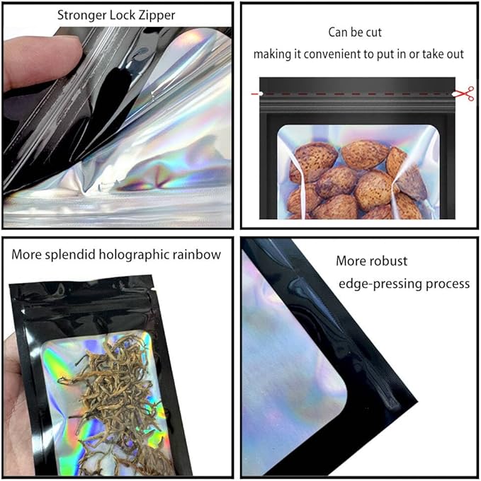 100 Pack Mylar Holographic Packaging Bags Resealable Candy Bags with Clear Window Foil Pouch Bag for Lipgloss, Jewelry, Sample Bag for Small Business (Black, 6.3x9.4 Inch)