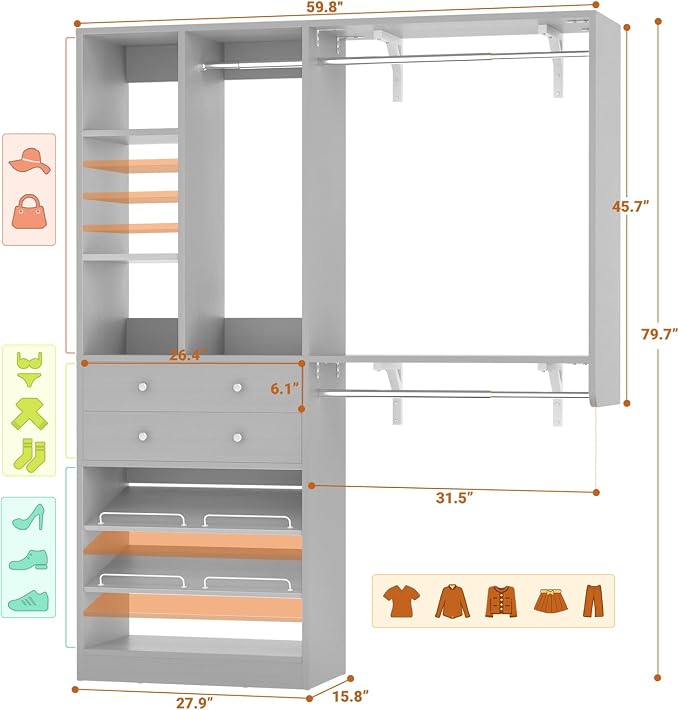 Besiost Closet System - 5FT Small Closet System with Drawers, 60" Closet Organizer System with Reversible Hanging Shelving, Closet Systems for Small/Walk-in Closets, Morandi Grey