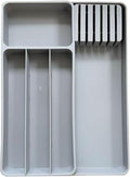 Expandable Silverware Organizer, Detachable Plastic Cutlery Tray with 5 Slots & Independent Knife Slot, Adjustable Flatware Divider for Spoons Forks Knives, 6.6-15.3 x 11.4 x 2