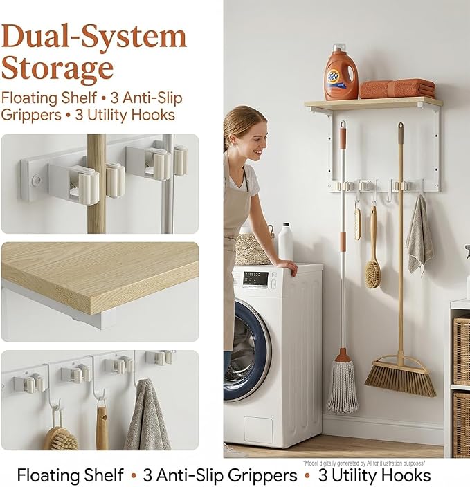 Upgraded Broom Holder Wall Mount with Shelf, Mop and Broom Organizer Wall Hanging, Cleaning Supplies Organizer (small)