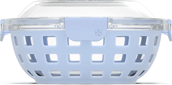 Ello DuraGlass Food Storage Glass Lunch Bowl Container - Meal Prep Container with Silicone Sleeve and Airtight Lid, 5 Cup, Blue