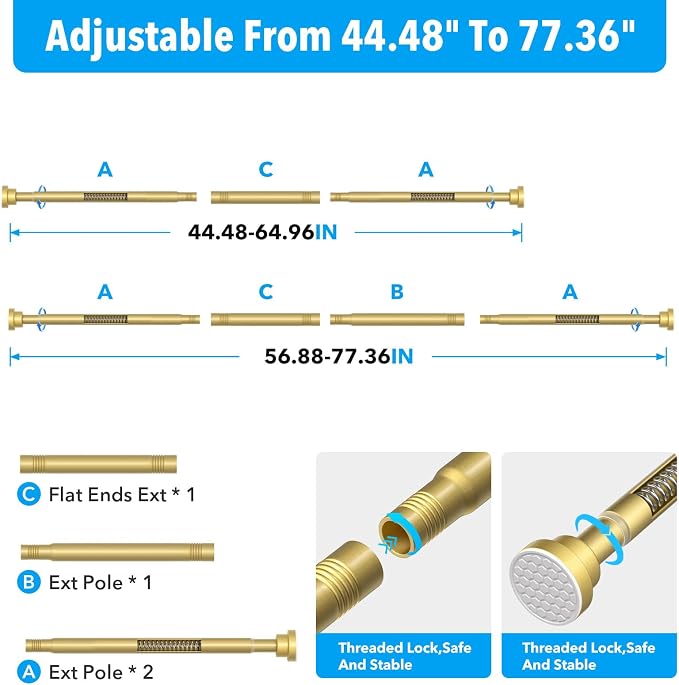 Shower Curtain Rod Gold Tension Rod 45 to 77 Inch Spring Curtain Rod Shower rod Non Slip shower curtain rod 1pcs for Windows No Drilling Adjustable Tension Rods of Curtain Window Closet Kitchen