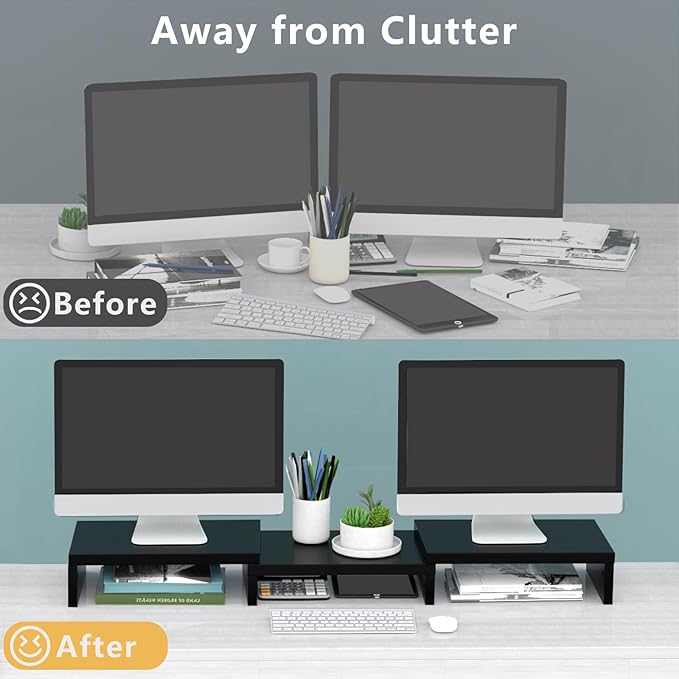 TAVR Monitor Stand Riser, Office Desktop Organizer Stand for 2 Monitors | Adjustable Length and Angle 3 Shelf, Extra Long Multifunctional Wooden Stand up to 43.3" fit Computer, Laptop, TV, Black