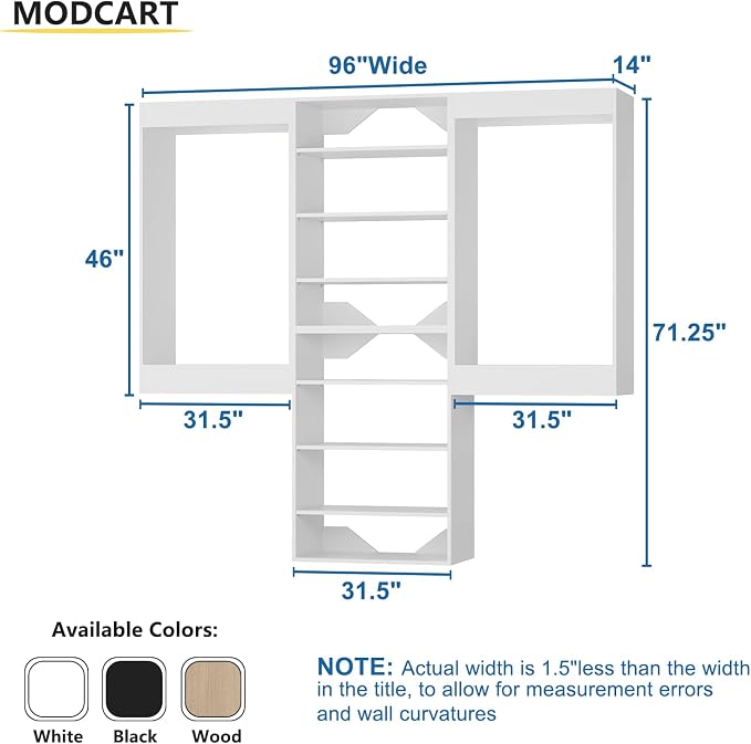 Modular Closet, 96" Wide Organizer with Hanging & Towers, Wood Tower Storage for Walk-in Closets, Wall-Mounted Wardrobe, Bedroom, White