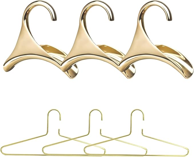 Bag-a-Vie Gold Metal Hangers Combo Pack 6 (3 Purse Hangers + 3 Clothes Hangers) Closet Organizer Set for Handbags, Coats & Suits