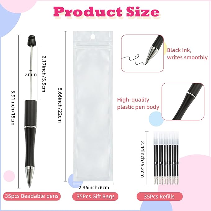 105 Pcs Beadable Pens Bulk Kit, 35 Plastic Ballpoint Pens for Beads with Refills & Bags, DIY Pen Making Kit for Office and School, Craft Gifts for Students & Teachers, Beads Pen Supplies (Black)