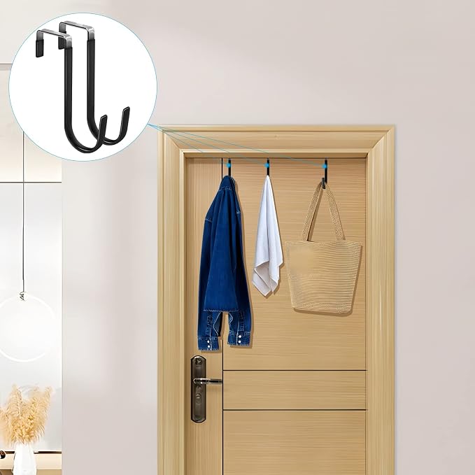 FYY Over the Door Hooks, Single-Hanger 4 Pack, Fits Doors 1 3/8" Black | Heavy Duty Metal, Hold 20lbs, Rubber-Coated, No-Drilling, for Bathroom Dorm, Hanging Towels Clothes Hats Bags Coats Wreaths