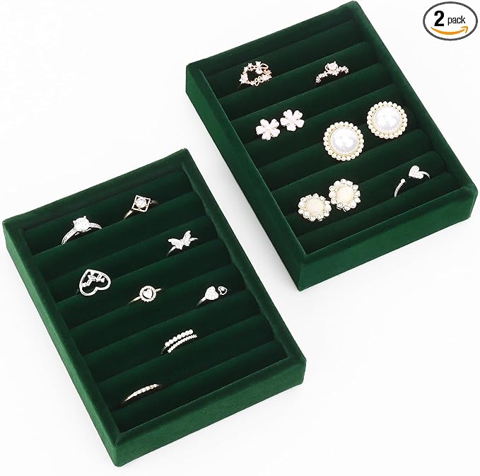 DesignSter Small Jewelry Tray-Ring Organizer 2PCS Premium Velvet Rings Earrings Display Tray Storage Insert Holder for Jewelry Box, Drawer, Dresser (8 Slots, Green)